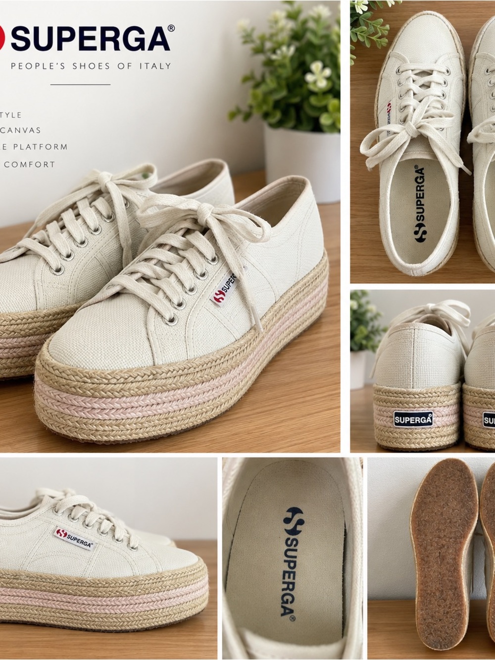 Superga Cream Canvas Platform Sneakers with Pink Braided Detail